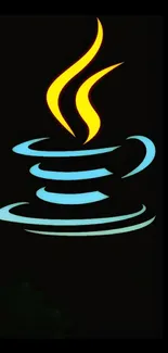 Neon coffee cup with colorful steam on black background.