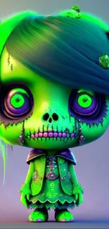 Vibrant neon green cartoon character with unique artistic style.