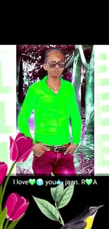 Person in neon green outfit with floral and nature accents.