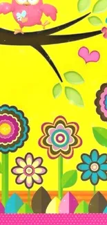 Bright yellow wallpaper with pink owl and colorful flowers.