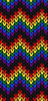 Rainbow heart pattern on knitted texture wallpaper.
