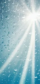 Mobile wallpaper with raindrops and bright sunlight on a blue background.