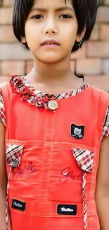 Child in red dress with plaid accents against brick wall.