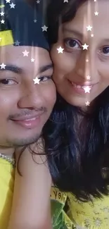 Happy couple with starry filter and yellow theme.