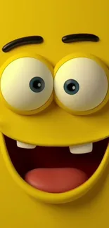 Bright yellow smiley face wallpaper with big eyes and cheerful expression.