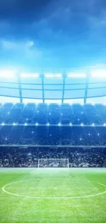 Vibrant soccer stadium with dazzling lights.