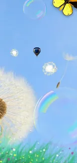 Nature wallpaper with dandelions, butterfly, and bubbles against a blue sky.