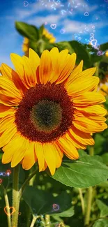 Bright sunflower in a field with blue sky, showcasing nature's vibrant beauty.