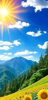 Sunlit landscape with mountains, sunflowers, and a bright sky.