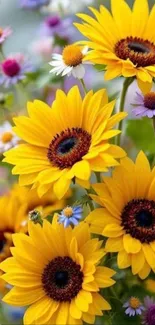 Bright sunflowers with colorful wildflowers in a vibrant arrangement.