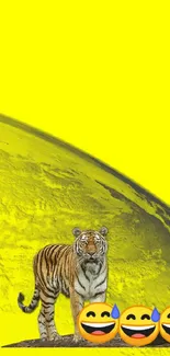 Bright yellow wallpaper with tiger and laughing emojis.