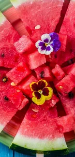 Vibrant watermelon slices with colorful flowers creating a summer-themed background.