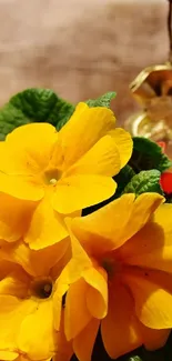 Basket of bright yellow flowers on rustic background.