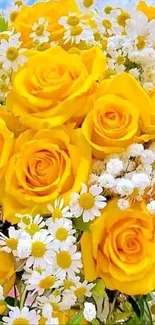 Yellow roses and daisies floral wallpaper with bright colors.