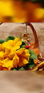 Bright yellow flowers in a woven basket on a rustic background.