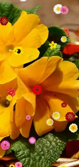 Vibrant yellow flowers in a basket with green leaves and wooden background.