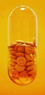 Yellow pill filled with smiley faces on a bright background.