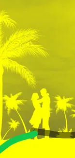 Vibrant yellow tropical scene with couple silhouette under palm trees.