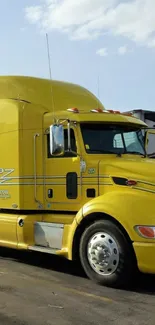 Bright yellow semi-truck under blue sky.