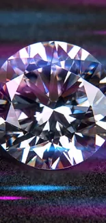 A sparkling diamond with vibrant colors against a dark background.