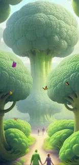 Fantasy forest with broccoli trees and butterflies.