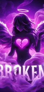 Purple angel with wings and broken heart on mobile wallpaper.