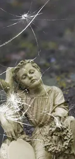 Serene angel statue with broken glass overlay.