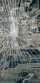 Broken circuit board wallpaper with shattered glass effect.