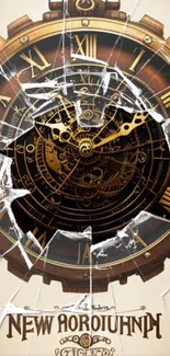 Steampunk broken clock with shattered glass design.