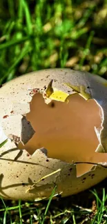 A broken eggshell lying on vibrant green grass.