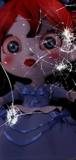 Eerie doll with cracked glass effect and red hair on mobile wallpaper.