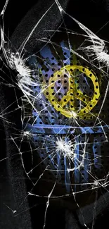 Dark mobile wallpaper with shattered glass and a peace symbol.