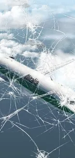 Plane flying through cracked glass sky design.