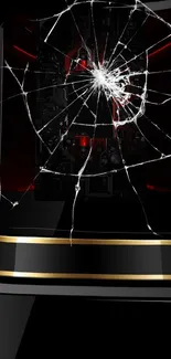 Broken glass mobile wallpaper with dark tech theme and red accents.