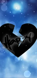 Broken heart with bold 'Happy' text on galaxy background.