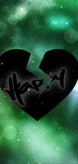 Green galaxy background with a broken heart design in black.