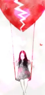 Girl on swing beneath cracked red heart in wallpaper.