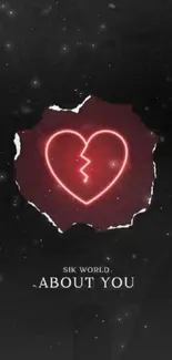 Neon broken heart on black wallpaper background.