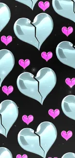 Glossy broken hearts pattern on black wallpaper.