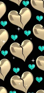 Pattern of cracked gold hearts with teal on black background.