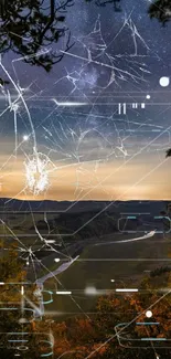 Broken screen effect over starry night landscape wallpaper.