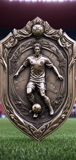 Bronze soccer shield in stadium setting wallpaper.