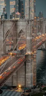 Brooklyn Bridge with cityscape at dusk, capturing city lights and skyline.