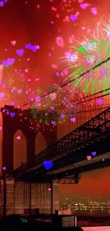 Brooklyn Bridge with fireworks lighting up the night sky in vibrant reds.