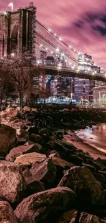 Brooklyn Bridge at night, shimmering city lights reflecting on water, urban tranquility.