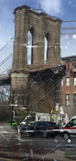 Brooklyn Bridge against urban skyline with traffic in foreground.