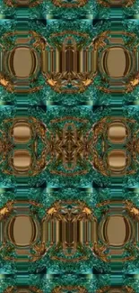 Intricate abstract wallpaper in teal and gold with geometric patterns.