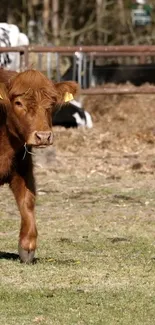 Brown cow grazing in a sunlit rural field.