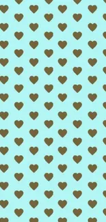 Brown hearts pattern on sky blue background wallpaper.