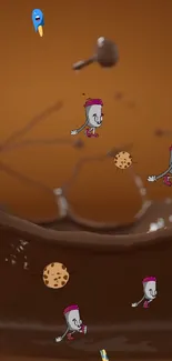 Cartoon characters splashing in chocolate with cookies.